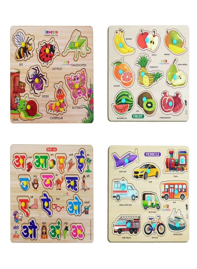 HIGHROOF® Kids Fort Pre Nursery Educational Jigsaw Puzzles for Adults Kids Learning Toys Kit Board Game 4 pcs Set of Insects Fruits Hindi Letters & Vehicle Educational Toy - Image 1